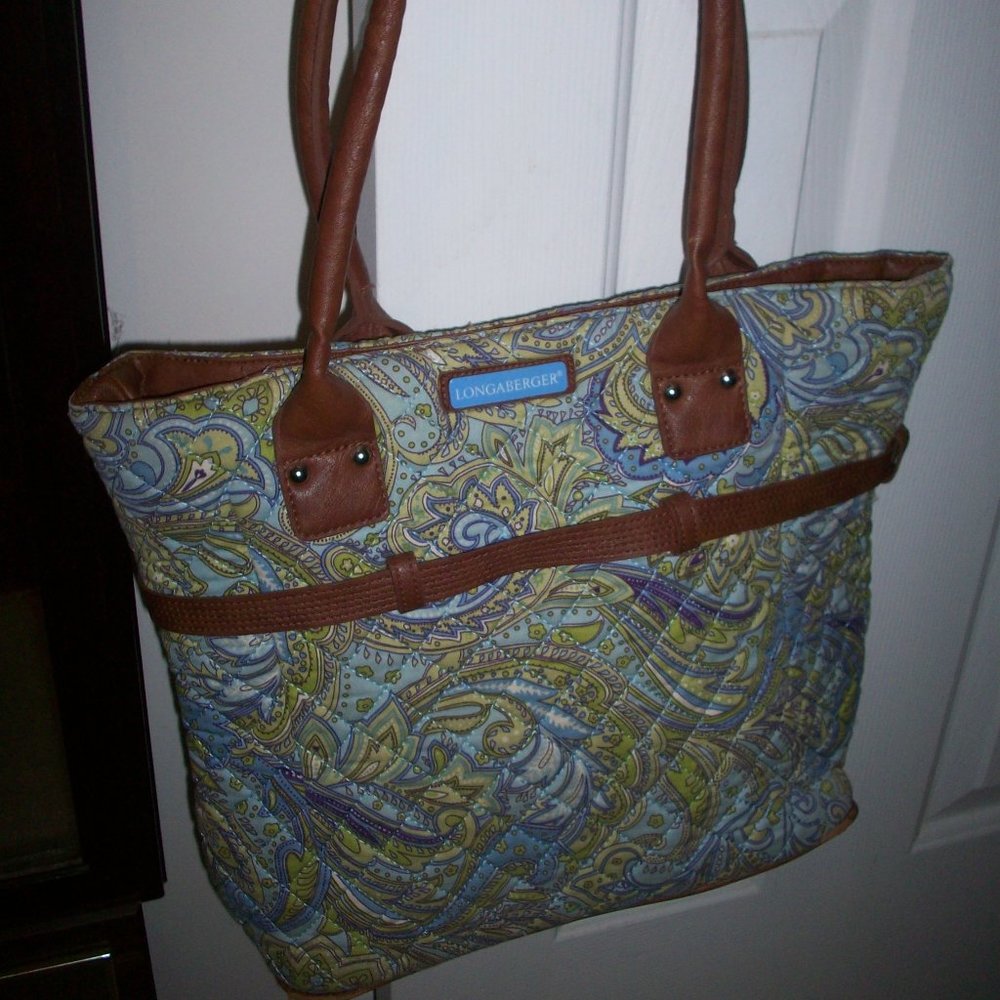 Longaberger Double Handle Shoulder Bag Purse Tote Blue Paisley Faux Leather Trim